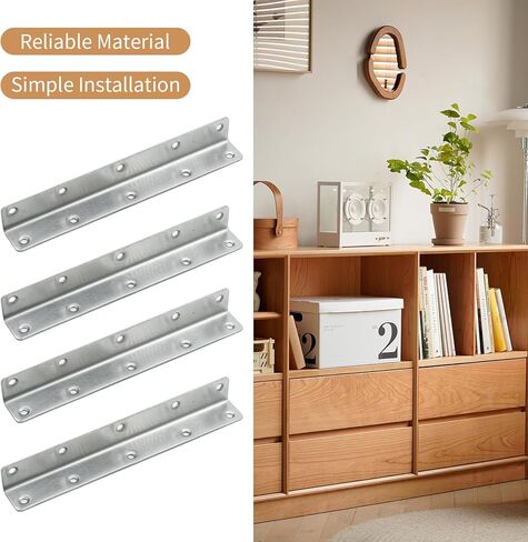 MDEOOSKY 4Pcs 8Inch Corner Brace Angle Bracket, Silver L Thickness 2mm 8Inch x 1Inch M, Stainless Steel Corner Bracket with Screws for Wood Shelf Furniture Cabinet in Saudi Arabia