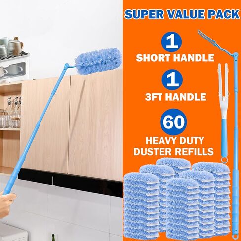 60 Heavy Duty Duster Refills for Swiffer Duster, 3 ft Extendable Handle + 1 Short Handle, Multisurface 360 Dusters kit for Dusting Furniture, Ceiling Fans, Blinds, Blue in Saudi Arabia