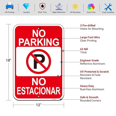 2 Pack Large No Parking English Spanish Bilingual Signs, 18"x12" No Parking Sign for Business, Engineer Grade Rust Free Reflective Aluminum, Fade/Weather Resistant, UV Protected, Easy to Install in Saudi Arabia