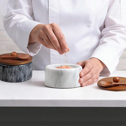 مجموعة أوعية ملح وفلفل رخامية من مينكورد مع أغطية وملاعق - قبو ملح من الحجر الطبيعي وأواني قرصة لمنضدة المطبخ - حاوية حديثة لحفظ التوابل لملح البحر الذواقة، والكوشير وملح التشطيب in Kuwait