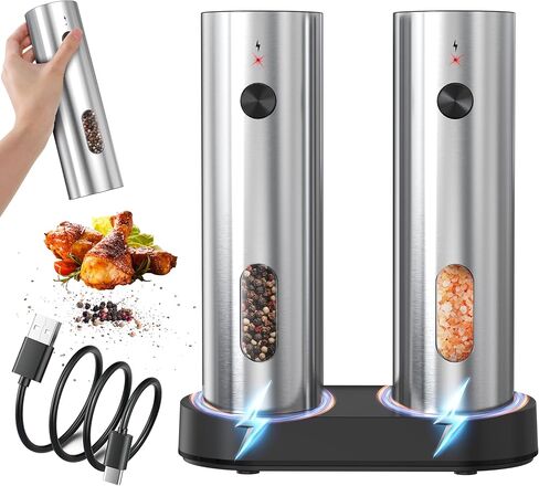 Rechargeable Salt and Pepper Grinder Set,Automatic Rechargeable, LED Light, External Adjustable Coarseness, Upgrade Large Capacity, Rechargeable Base Kitchen, Dining & BBQ, Gifts for Women Mom(Silver) in Saudi Arabia