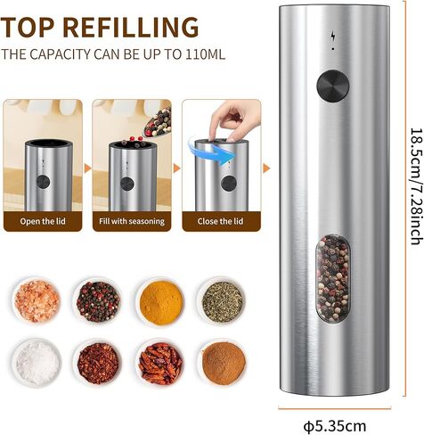 Rechargeable Salt and Pepper Grinder Set,Automatic Rechargeable, LED Light, External Adjustable Coarseness, Upgrade Large Capacity, Rechargeable Base Kitchen, Dining & BBQ, Gifts for Women Mom(Silver) in Saudi Arabia