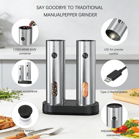 Rechargeable Salt and Pepper Grinder Set,Automatic Rechargeable, LED Light, External Adjustable Coarseness, Upgrade Large Capacity, Rechargeable Base Kitchen, Dining & BBQ, Gifts for Women Mom(Silver) in Saudi Arabia