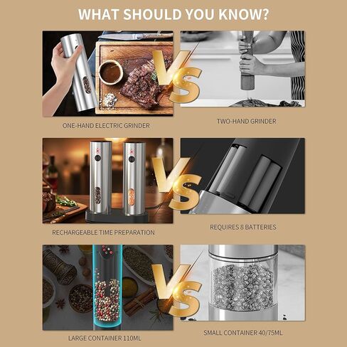 Rechargeable Salt and Pepper Grinder Set,Automatic Rechargeable, LED Light, External Adjustable Coarseness, Upgrade Large Capacity, Rechargeable Base Kitchen, Dining & BBQ, Gifts for Women Mom(Silver) in Saudi Arabia