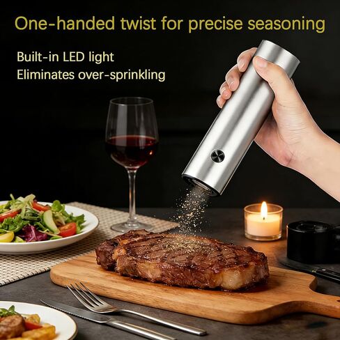 Rechargeable Salt and Pepper Grinder Set,Automatic Rechargeable, LED Light, External Adjustable Coarseness, Upgrade Large Capacity, Rechargeable Base Kitchen, Dining & BBQ, Gifts for Women Mom(Silver) in Saudi Arabia