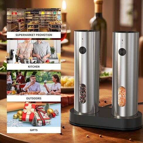Rechargeable Salt and Pepper Grinder Set,Automatic Rechargeable, LED Light, External Adjustable Coarseness, Upgrade Large Capacity, Rechargeable Base Kitchen, Dining & BBQ, Gifts for Women Mom(Silver) in Saudi Arabia