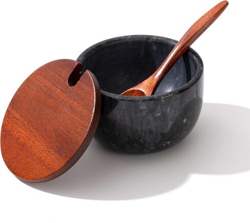 Marble Salt Cellar with Lid & Spoon, 11oz Salt and Pepper bowls, Handcrafted from Natural Marble, Smooth Inside (white bowl) in Saudi Arabia