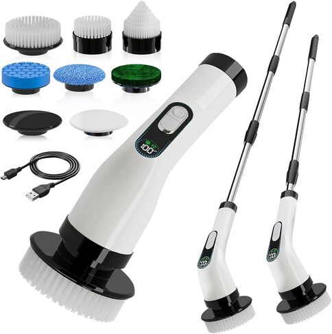 Electric Spin Scrubber for Cleaning, Cordless Power Scrubber with Long Handle, 10 Replaceable Brush Heads, 2-Speed, IPX7 Waterproof for Bathroom, Shower, Tub, Tile & Kitchen in Saudi Arabia