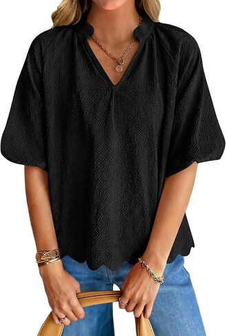 Tankaneo Womens V Neck Puff Sleeve Tops Oversized Textured Blouses Dressy Casual Summer Loose Fit Tee Shirts in Saudi Arabia