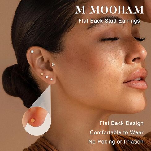 مجموعة أقراط مسمار بظهر مسطح من M MOOHAM للنساء، 14 قيراط مطلية بالذهب لا تسبب الحساسية للنساء، أقراط صغيرة على شكل زنمة، أقراط غضروفية لثقب متعدد، هدايا مجوهرات عصرية in Kuwait