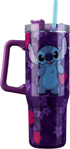 Disney Stitch Insulated Tumbler Travel Mug 33oz Stainless Steel Water Bottle with Handle and Straw Thermal Double Wall Vacuum Insulation Drinks for Hot Cold Ice Cupholder Compatible in Saudi Arabia