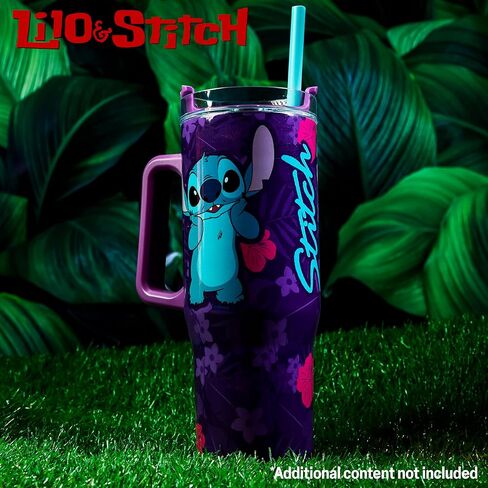 Disney Stitch Insulated Tumbler Travel Mug 33oz Stainless Steel Water Bottle with Handle and Straw Thermal Double Wall Vacuum Insulation Drinks for Hot Cold Ice Cupholder Compatible in Saudi Arabia