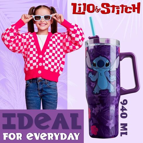 Disney Stitch Insulated Tumbler Travel Mug 33oz Stainless Steel Water Bottle with Handle and Straw Thermal Double Wall Vacuum Insulation Drinks for Hot Cold Ice Cupholder Compatible in Saudi Arabia