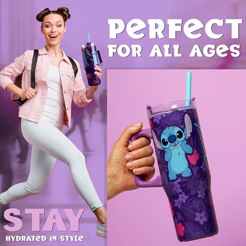 Disney Stitch Insulated Tumbler Travel Mug 33oz Stainless Steel Water Bottle with Handle and Straw Thermal Double Wall Vacuum Insulation Drinks for Hot Cold Ice Cupholder Compatible in Saudi Arabia