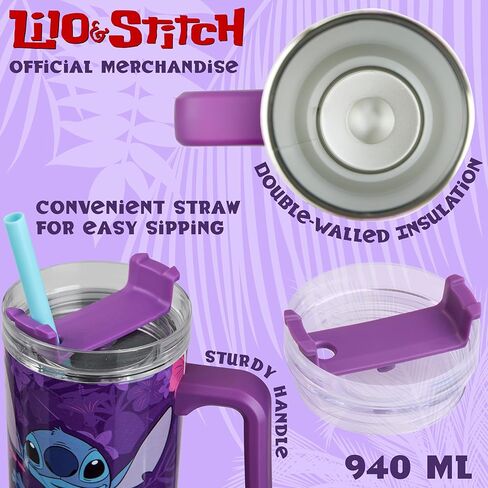 Disney Stitch Insulated Tumbler Travel Mug 33oz Stainless Steel Water Bottle with Handle and Straw Thermal Double Wall Vacuum Insulation Drinks for Hot Cold Ice Cupholder Compatible in Saudi Arabia
