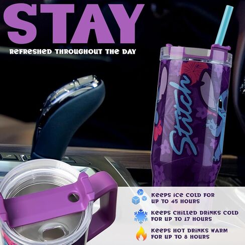 Disney Stitch Insulated Tumbler Travel Mug 33oz Stainless Steel Water Bottle with Handle and Straw Thermal Double Wall Vacuum Insulation Drinks for Hot Cold Ice Cupholder Compatible in Saudi Arabia