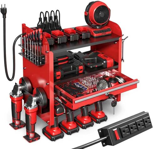 KSVO Power Tool Organizer Wall Mount with Drill Rack & Locking Drawers - Heavy Duty Metal Tool Shelf for Garage, Workshop, Shed, Basement Tool Organization - Gift for Men/Father (Red) in Saudi Arabia