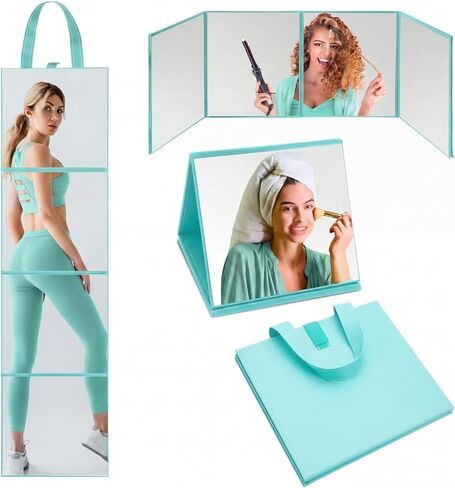 3 Way Foldable Full Length Mirror with Handle 31.89 x 11.22 Inches Leather Portable Camping Travel Hanging Folding Body Mirror for Makeup Dance Home Fitness Spa Hair Styling(Rose Gold) in Saudi Arabia