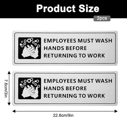 2 Pack Employees Must Wash Hands Sign, Self Adhesive Stainless Steel Signage - 9x3 Inch Waterproof Wash Hands Signs for Office Bathroom Kitchen Indoor Outdoor Use in Saudi Arabia