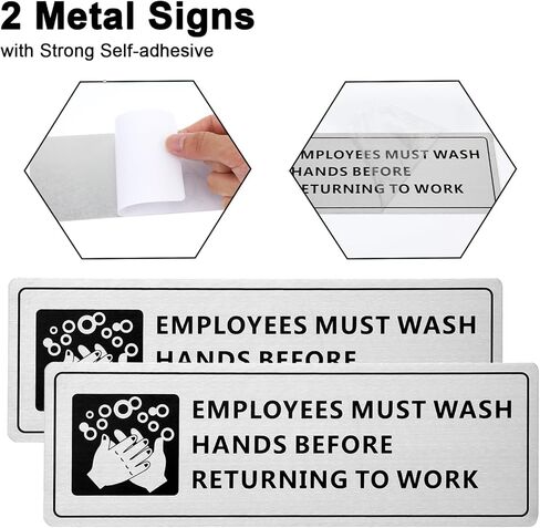 2 Pack Employees Must Wash Hands Sign, Self Adhesive Stainless Steel Signage - 9x3 Inch Waterproof Wash Hands Signs for Office Bathroom Kitchen Indoor Outdoor Use in Saudi Arabia