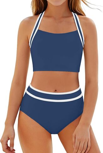 CRISONE Girls Swimsuit 2 Piece Bikini Sets Sporty Cross-Back Bathing Suit Color Block Beach Pool Swimwear 9-16T in Saudi Arabia