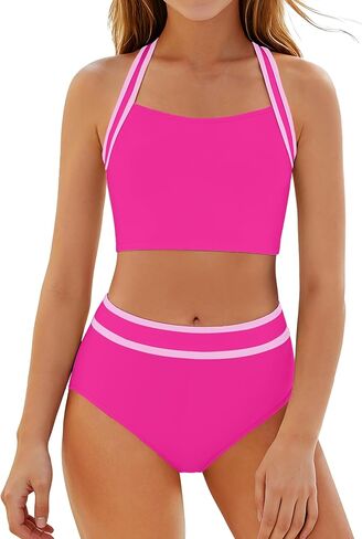 CRISONE Girls Swimsuit 2 Piece Bikini Sets Sporty Cross-Back Bathing Suit Color Block Beach Pool Swimwear 9-16T in Saudi Arabia