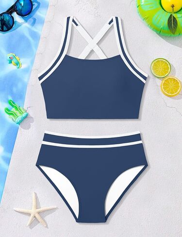 CRISONE Girls Swimsuit 2 Piece Bikini Sets Sporty Cross-Back Bathing Suit Color Block Beach Pool Swimwear 9-16T in Saudi Arabia