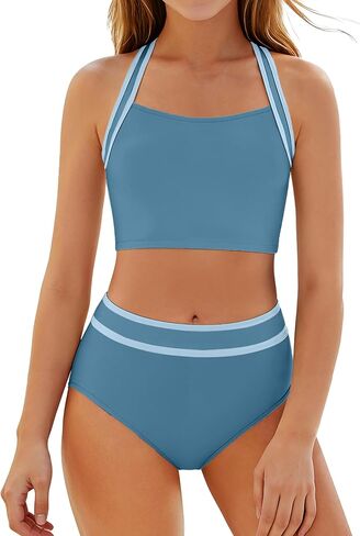 CRISONE Girls Swimsuit 2 Piece Bikini Sets Sporty Cross-Back Bathing Suit Color Block Beach Pool Swimwear 9-16T in Saudi Arabia