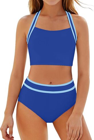 CRISONE Girls Swimsuit 2 Piece Bikini Sets Sporty Cross-Back Bathing Suit Color Block Beach Pool Swimwear 9-16T in Saudi Arabia