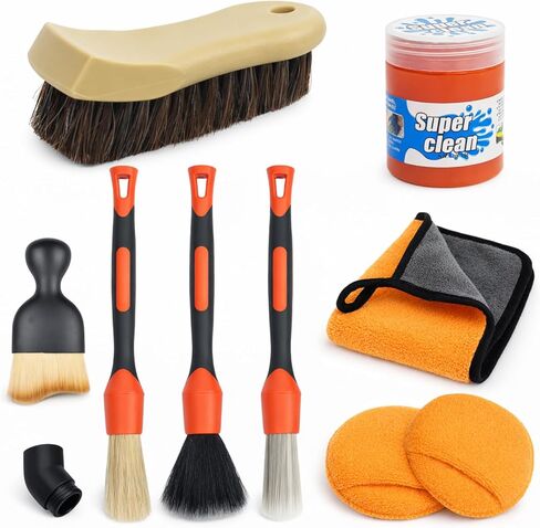 10PCS Car Detailing Brush Set Bristle Horse Hair Boars Brush with Elbow Adapter, Microfiber Wax Applicator Pads, Drying Towel and Cleaning Gel, Cleaning Kit for Car Interior & Exterior in Saudi Arabia