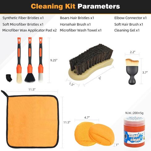 10PCS Car Detailing Brush Set Bristle Horse Hair Boars Brush with Elbow Adapter, Microfiber Wax Applicator Pads, Drying Towel and Cleaning Gel, Cleaning Kit for Car Interior & Exterior in Saudi Arabia