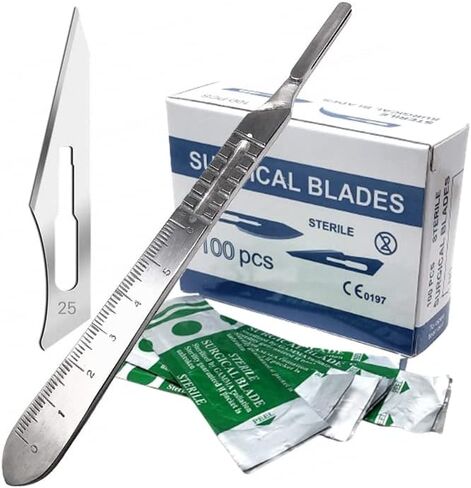 100 Pcs Box Surgical Sterile Blades #25 Made of High Carbon Steel With Stainless Steel Scalpel Handle Knife #4 Graduated Use for Biology Lab Anatomy, Cutting, Med Student, Sculpting, Repairing in Saudi Arabia