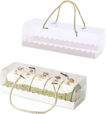 Amonk 10Packs Clear Roll Cake Boxes, 11x4x4in Cake Take Out Containers Transparent Swiss Roll Cake Containers with Gold Rope Handle & Stickers Plastic Gift Boxes for Party in Saudi Arabia