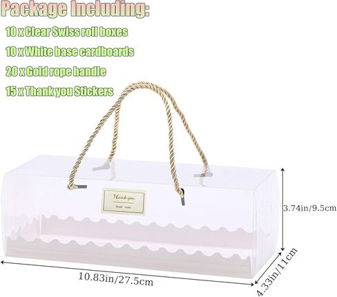 Amonk 10Packs Clear Roll Cake Boxes, 11x4x4in Cake Take Out Containers Transparent Swiss Roll Cake Containers with Gold Rope Handle & Stickers Plastic Gift Boxes for Party in Saudi Arabia