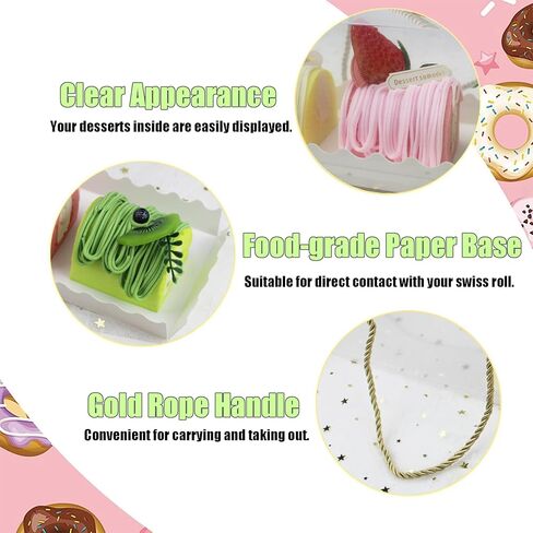 Amonk 10Packs Clear Roll Cake Boxes, 11x4x4in Cake Take Out Containers Transparent Swiss Roll Cake Containers with Gold Rope Handle & Stickers Plastic Gift Boxes for Party in Saudi Arabia