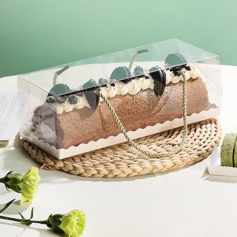 Amonk 10Packs Clear Roll Cake Boxes, 11x4x4in Cake Take Out Containers Transparent Swiss Roll Cake Containers with Gold Rope Handle & Stickers Plastic Gift Boxes for Party in Saudi Arabia