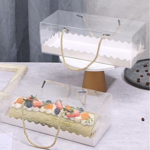 Amonk 10Packs Clear Roll Cake Boxes, 11x4x4in Cake Take Out Containers Transparent Swiss Roll Cake Containers with Gold Rope Handle & Stickers Plastic Gift Boxes for Party in Saudi Arabia