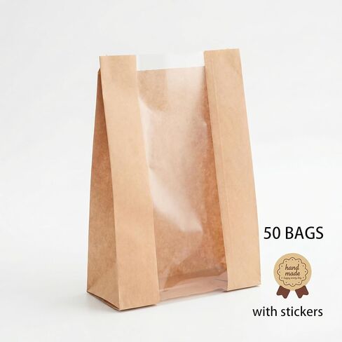 50 Pack Bread Bags for Homemade Bread, Large Sourdough Bread Bags with Window and Stickers, Greaseproof Kraft Paper Bakery Bags for Loaf Packaging, Gifting & Bread Storage, 8.3"x3.5"x13.8" in Saudi Arabia