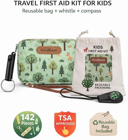 Travel First Aid Kit for Kids – 142 Pc. for Car, Home, Purse - Mini First Aid Kit Travel Size TSA-Approved. Includes Reusable Bag, Whistle and Compass. in Saudi Arabia