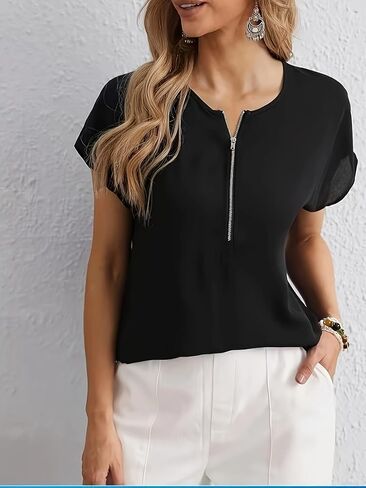 Women's Half Zip Short Sleeve Blouse Casual Loose Fit Round Neck Top for Office Daily Wear in Saudi Arabia