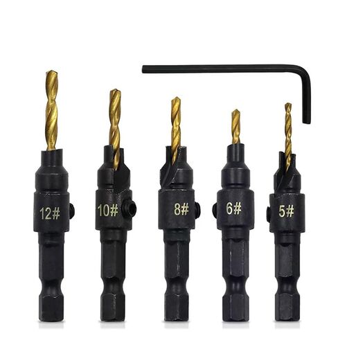 5-Piece Hex Shank Woodworking Drill Bit Set with Wrench – Practical Countersunk Wood Hole Drill, Freely Adjustable Hole-Opening Tool, Ideal for DIY Woodworking Projects Gold in Saudi Arabia