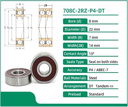 1 زوج 708 708C 2RZ P4 DT 8x22x7 708C مختومة محامل للاتصال الزاوي محامل المغزل ABEC-7 in Saudi Arabia