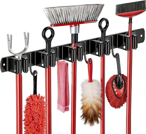 5 Racks and 4 Hooks Mop and Broom Holder Wall Mount, SUS304 Heavy Duty Broom Organizer Storage Tool Racks, Self Adhesive Solid Non-slip Tool Hangers for Home Kitchen Garden Laundry Garage in Saudi Arabia