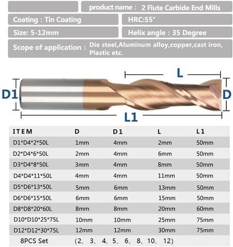 1pcs/8pcs Nano Coat Flat Nose End Mill CNC Router Bits 1-12mm Two Flutes Carbide TiCN Coated Bit Machine Milling in Saudi Arabia