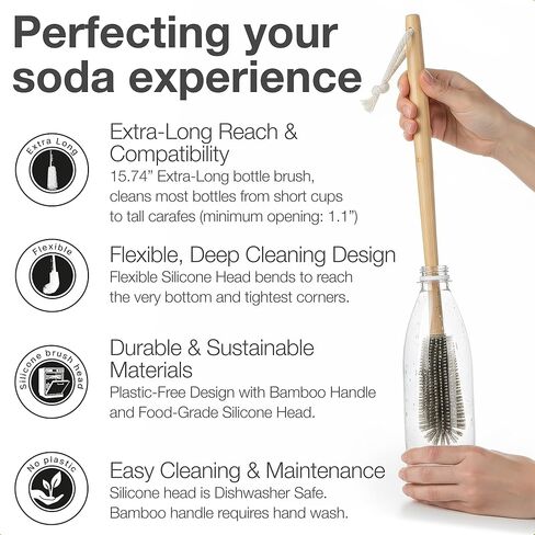 Extra Long Bottle Brush – 16" Bamboo Handle & Flexible Hygienic Silicone Head – Compatible with Sodastream (Not Aqua Fizz), Aarke Plastic Bottles, Vases, Tumblers | BPA Free | Scratch-Free in Saudi Arabia
