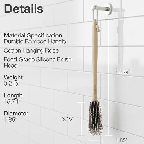 Extra Long Bottle Brush – 16" Bamboo Handle & Flexible Hygienic Silicone Head – Compatible with Sodastream (Not Aqua Fizz), Aarke Plastic Bottles, Vases, Tumblers | BPA Free | Scratch-Free in Saudi Arabia
