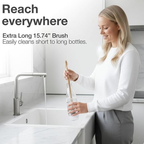 Extra Long Bottle Brush – 16" Bamboo Handle & Flexible Hygienic Silicone Head – Compatible with Sodastream (Not Aqua Fizz), Aarke Plastic Bottles, Vases, Tumblers | BPA Free | Scratch-Free in Saudi Arabia
