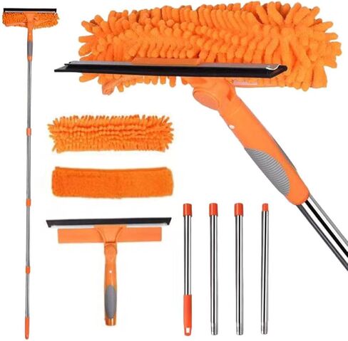 Window Squeegee Cleaner Kit - 2-in-1 Rotatable Window Cleaning Tool with Extension Pole, Professional Streak-Free Squeegee with Bendable Head for Indoor/Outdoor Windows & Car Glass (Orange, 38.45FT) in Kuwait