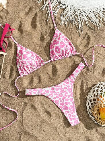 Women's Leopard Cow Print Bathing Suit Halter High Waisted Summer Bikini Set in Saudi Arabia