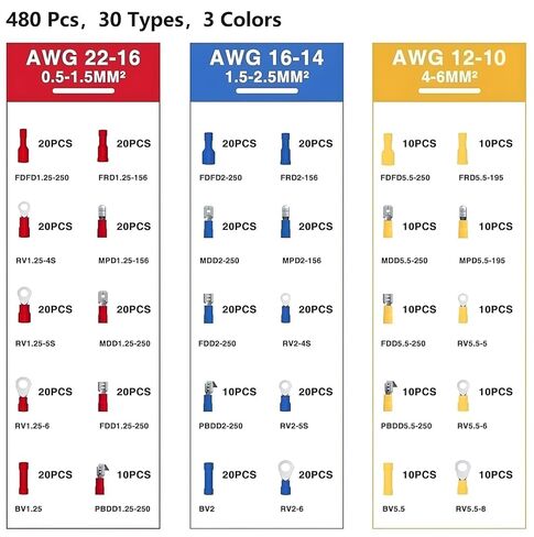 480 PCS Insulated Crimp Wire Connectors, Assorted Crimp Terminal Kit, Mixed Quick Disconnect Electrical Cable Terminals, Ring, Butt Splice, Bullet and Spade Male & Female, Piggyback in Saudi Arabia